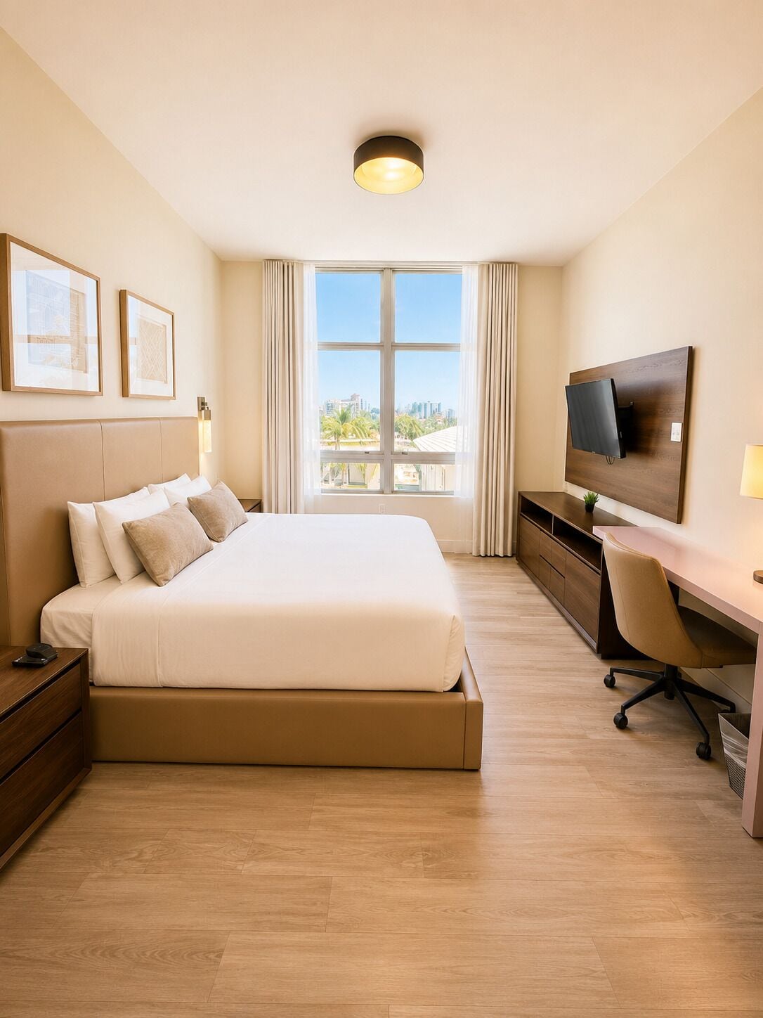 Una habitación de hotel con cama, escritorio, televisión y un amplio ventanal.