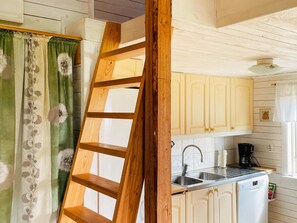 A kitchen with wooden cabinets, a stainless steel sink, and a wooden ladder.