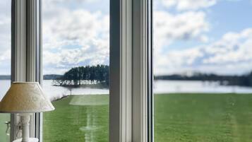 Vista a través de una ventana con una lámpara a la izquierda, un picaporte a la derecha y un paisaje con hierba, árboles y una masa de agua al fondo.