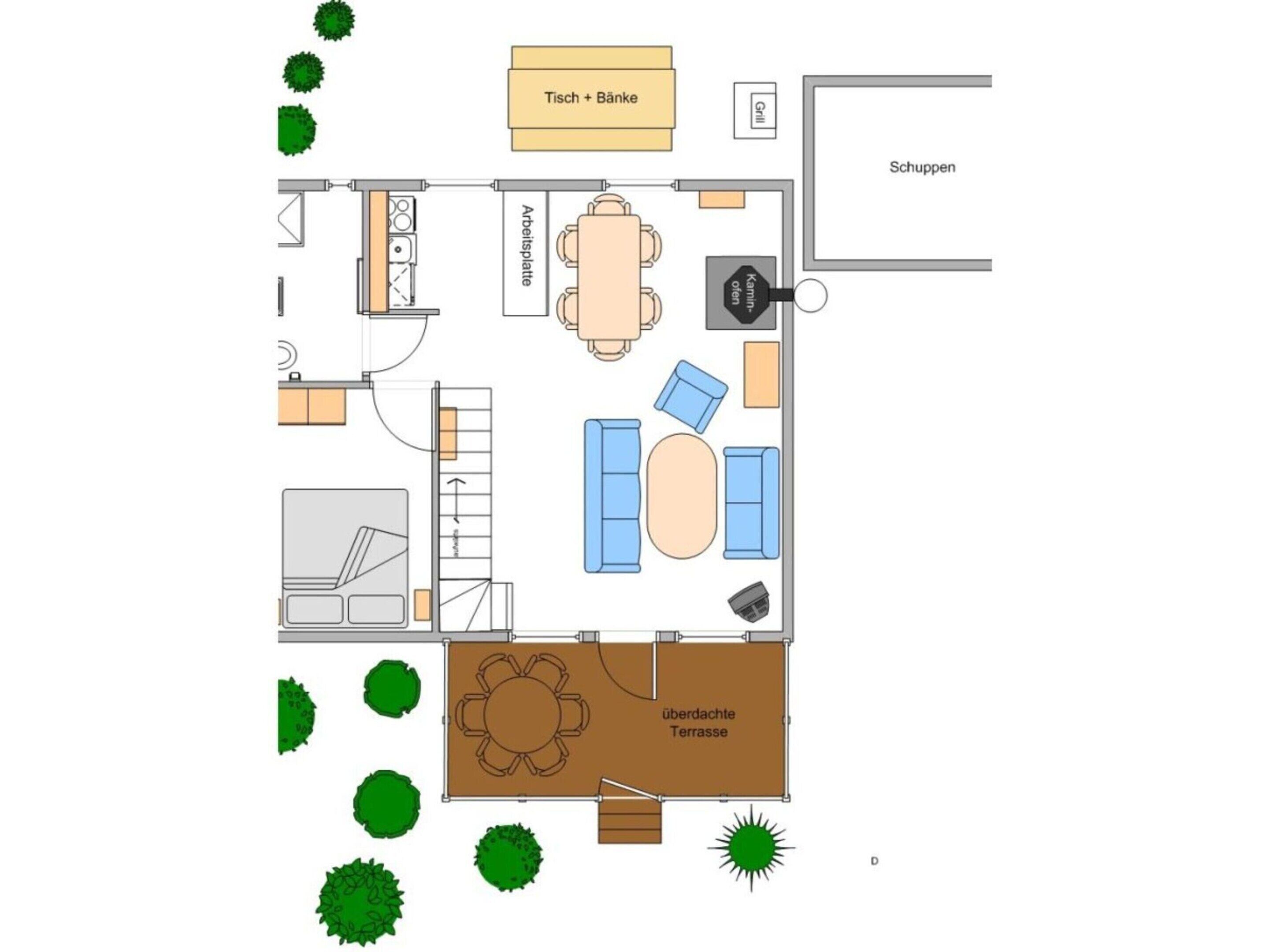 A floor plan of a hotel room with a kitchenette, a dining area, a living room with a sofa and chairs, a balcony, and a bathroom.
