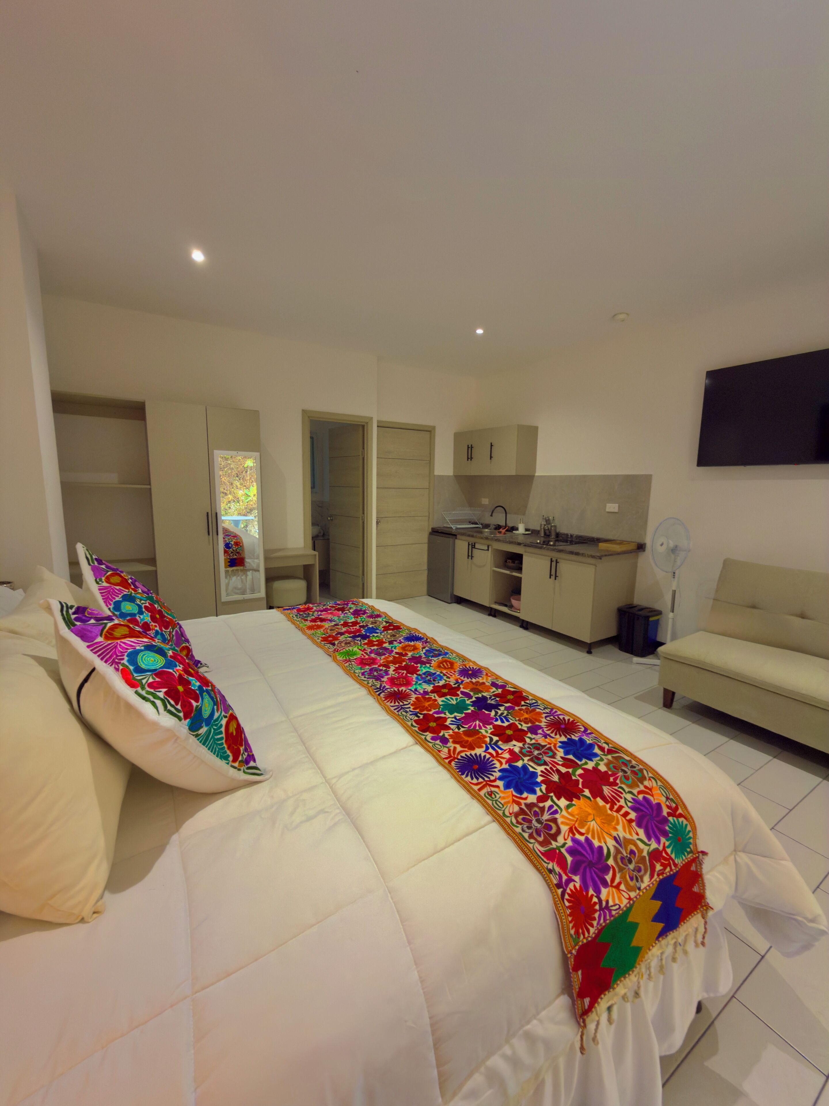 Un dormitorio con cama, sofá, televisión y kitchenette.