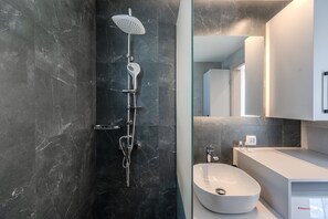 Shower, hair dryer, towels, toilet paper