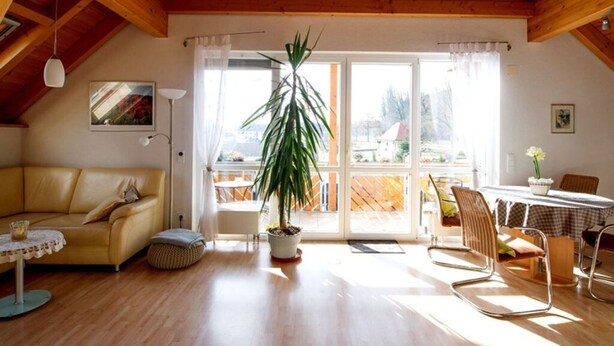 Ein gemütliches Wohnzimmer mit Holzbalkendecke, einer Couch, einem Couchtisch, einem Esstisch mit Stühlen und einem großen Fenster mit Vorhängen.