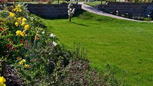 Ein gepflegter Garten mit verschiedenen Blumen und einem gepflasterten Weg, der zu einem Gebäude führt.