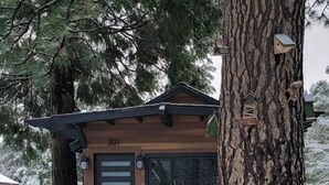 Une cabane avec une façade en bois, le numéro « 301 » sur la porte et une pancarte « BIENVENUE » sur un rocher.