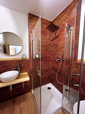 Hair dryer, towels, soap, shampoo