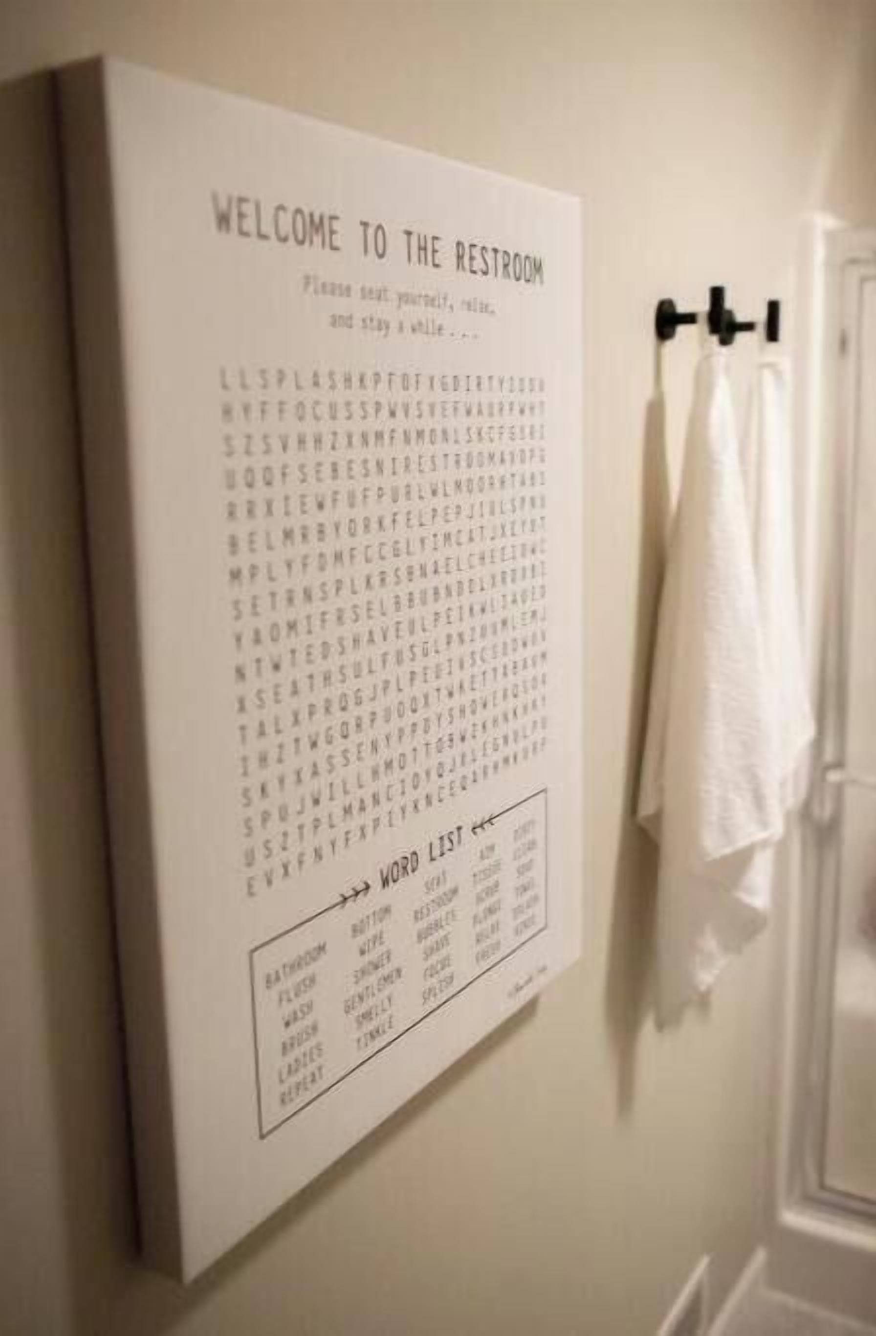 Ein Schild für die Toilette mit einer Wortliste.