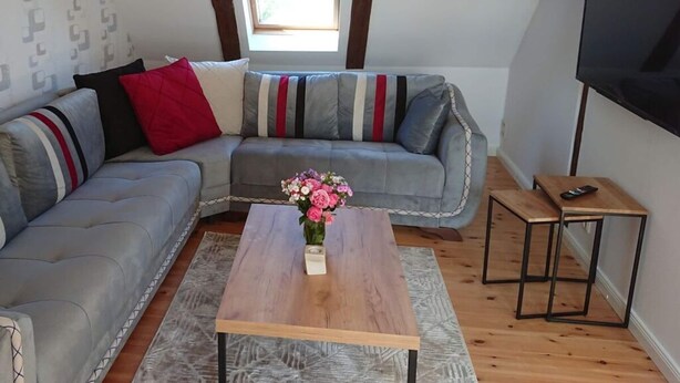 A modern living room with a grey sectional sofa, a wooden coffee table, and a small side table. - Holiday Apartment Red Milan (Bobitz)