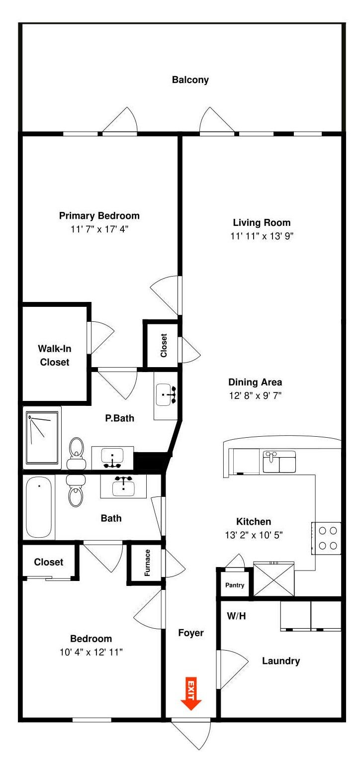 A floor plan of a residential layout including a balcony, primary bedroom, living room, walk-in closet, dining area, P.Bath, bath, kitchen, closet, bedroom, foyer, pantry, W/H, and laundry.