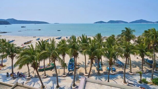 A beach with palm trees, boats, and a clear sky. - Xiachuan Island Haijiao Hotel (Taishan)