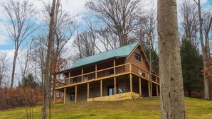 Une cabane en bois avec un toit vert, une véranda couverte et des fondations en pierre, entourée d’arbres et d’un terrain herbeux.