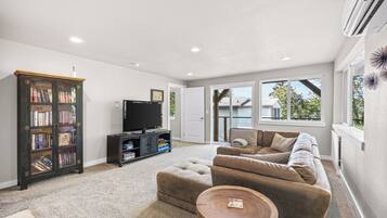 Smart TV, fireplace, books, computer monitors