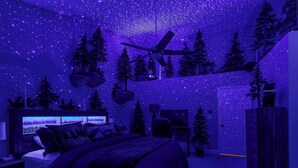 Et soveværelse med et stjernehimmel-loft, en seng, et skrivebord og et fjernsyn.
