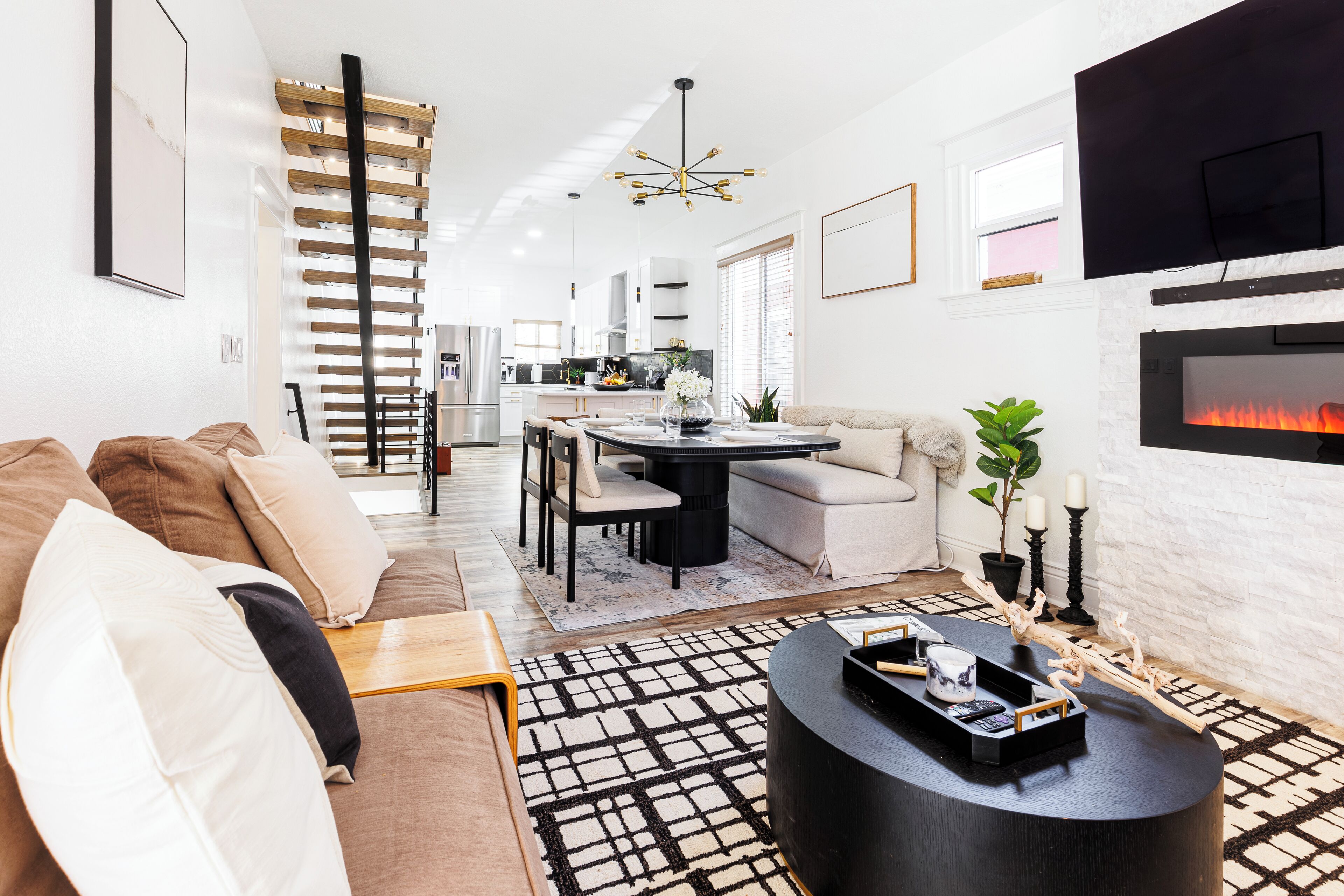 TV, fireplace, books