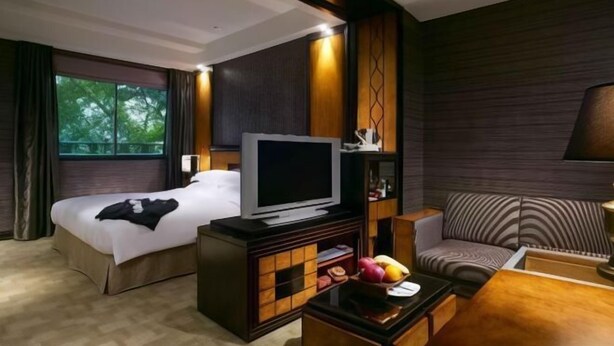Habitación de hotel con cama, televisor sobre un soporte de madera, sofá, una pequeña mesa con fruta y una ventana con cortinas.