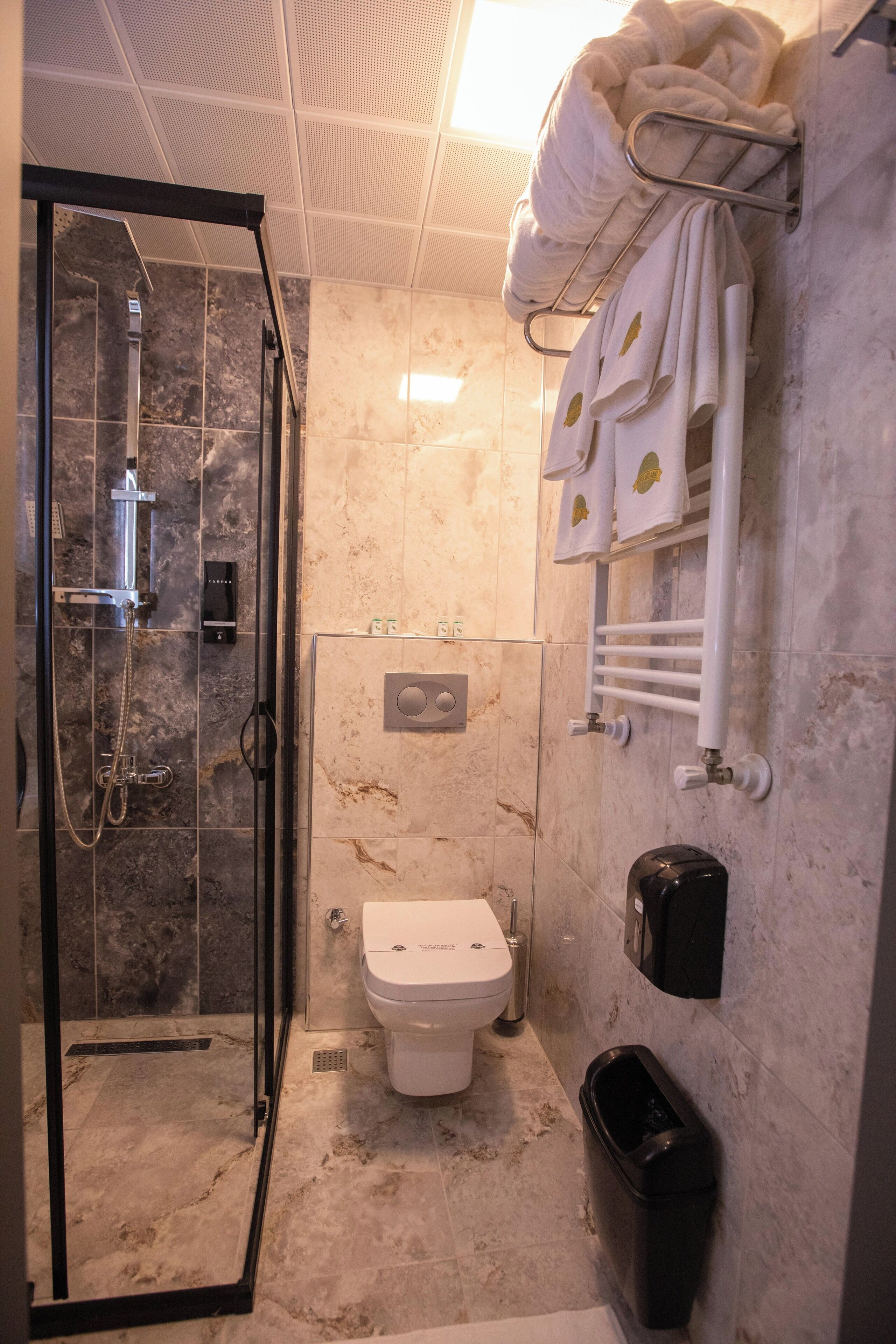 A bathroom with a glass-enclosed shower, a toilet, a towel rack with towels, and a trash bin.