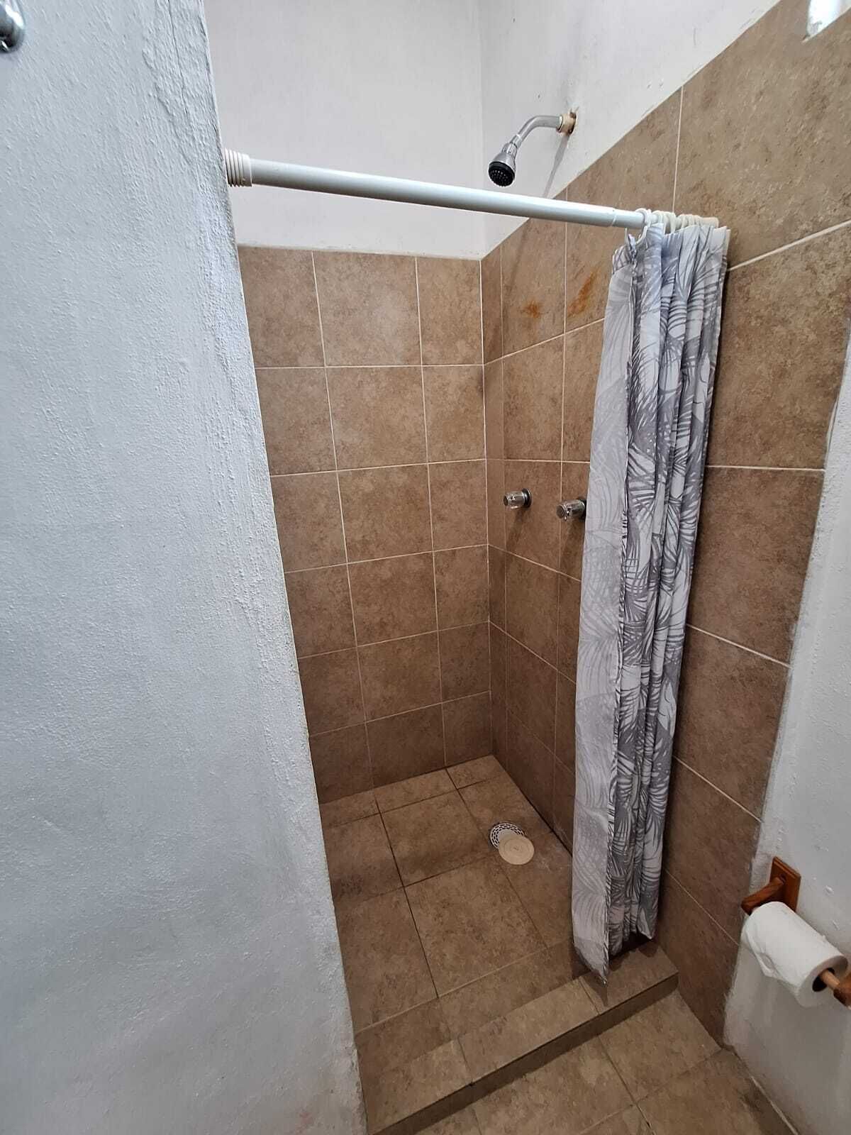 A small, tiled shower area with a showerhead, a curtain, and a toilet paper holder.