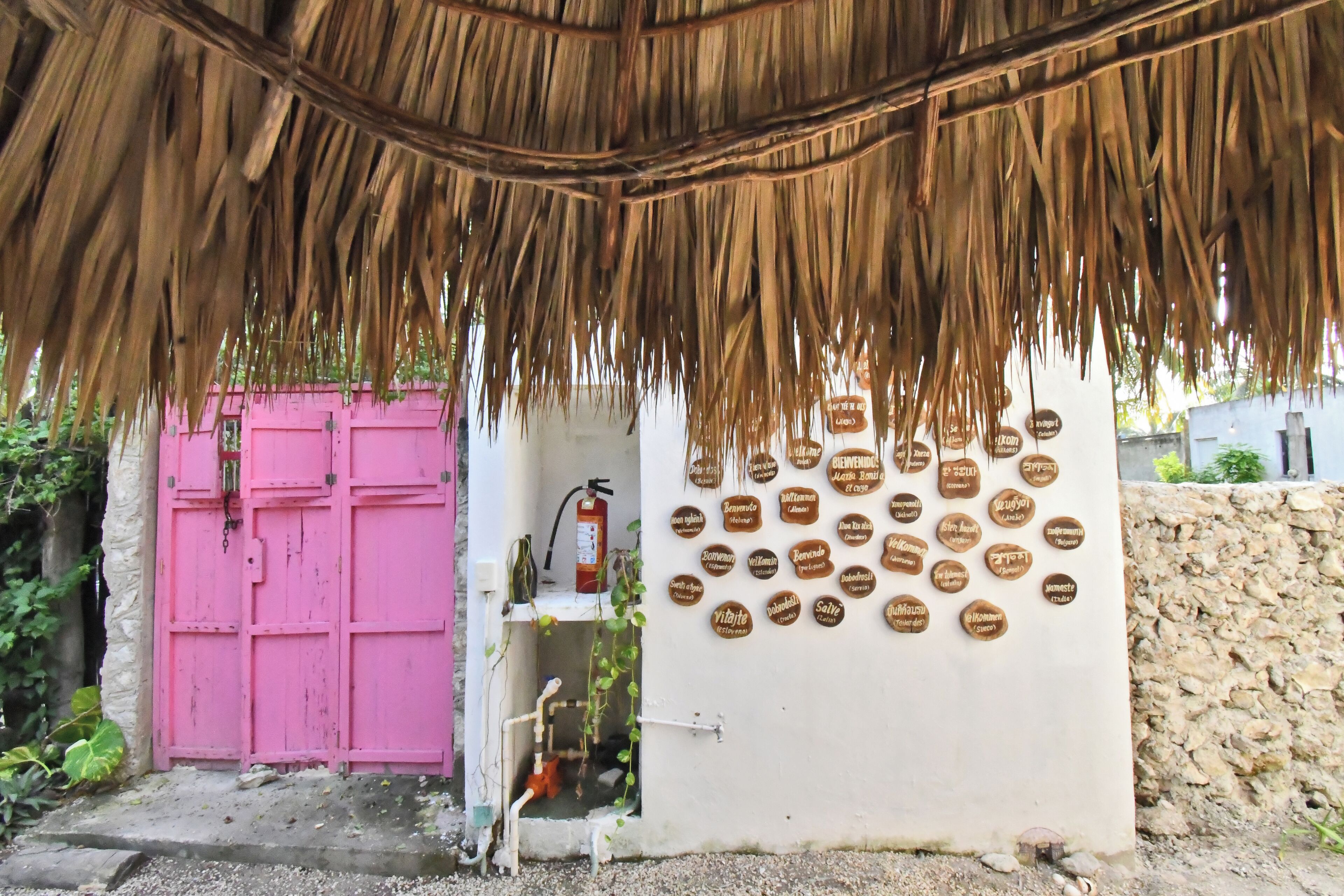 Un edificio rústico con techo de paja, una puerta rosa y una pared decorada con placas.