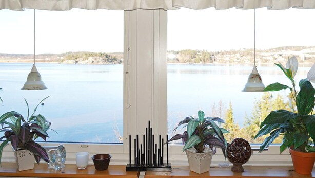 Una habitación con vista a un lago, una cortina blanca y varios objetos decorativos en un estante.