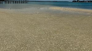 A beach with pebbles, a wooden pier, and a clear blue sky. - 1BR Modern Bungalow close to Fishing, Navy Base and Ocean (Jacksonville)