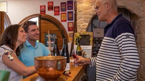 A bar area with a stone wall, wooden barrel, and wine bottles. There are posters on the wall and a menu on the counter. - Gîte "domaine Gilles Coperet" (REGNIE DURETTE)