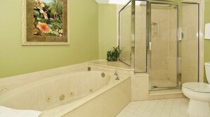 Jetted tub, hair dryer, towels, soap