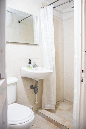 Hair dryer, towels, soap, toilet paper