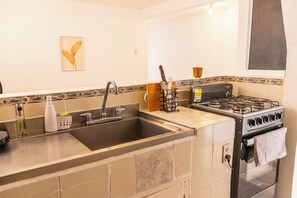 Fridge, oven, stovetop, cookware/dishes/utensils