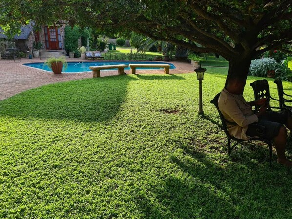 A well-maintained lawn with a bench and a tree providing shade. - Stone Town Guesthouse (Gaborone)