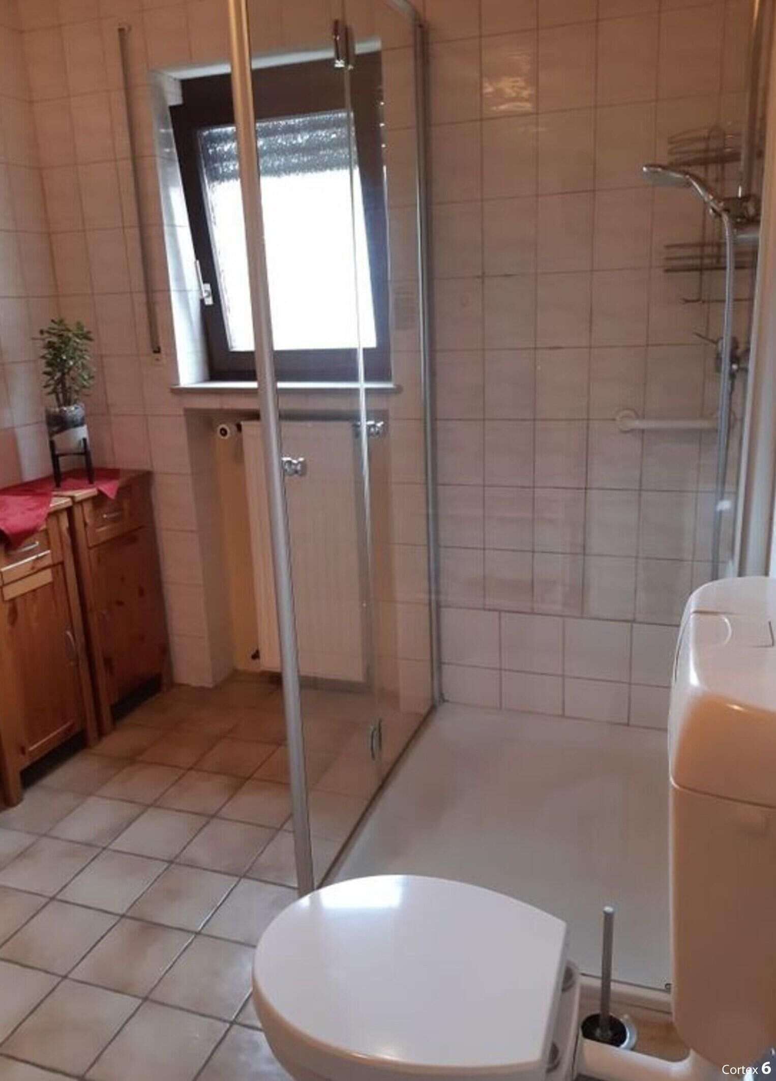 A bathroom with a toilet, a shower, and a sink.