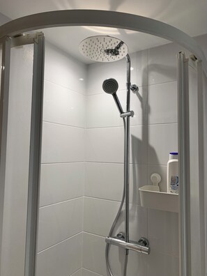 Hair dryer, towels, soap, shampoo