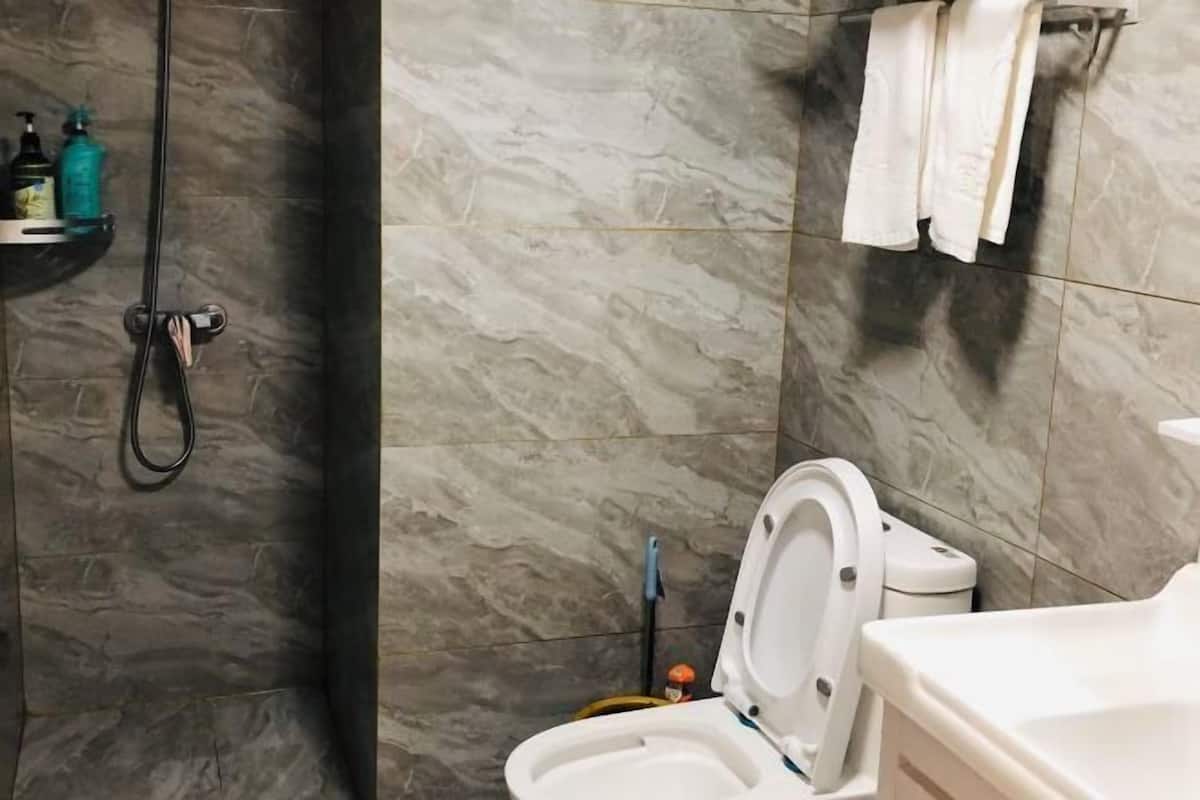 Ein Badezimmer mit Toilette, Duschbereich und Handtuchhalter.