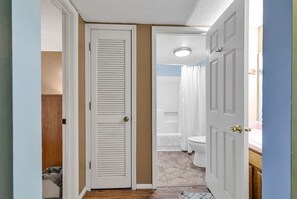 Hair dryer, towels, soap, toilet paper