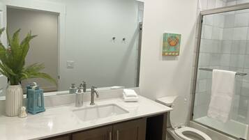 Hair dryer, towels, soap, shampoo