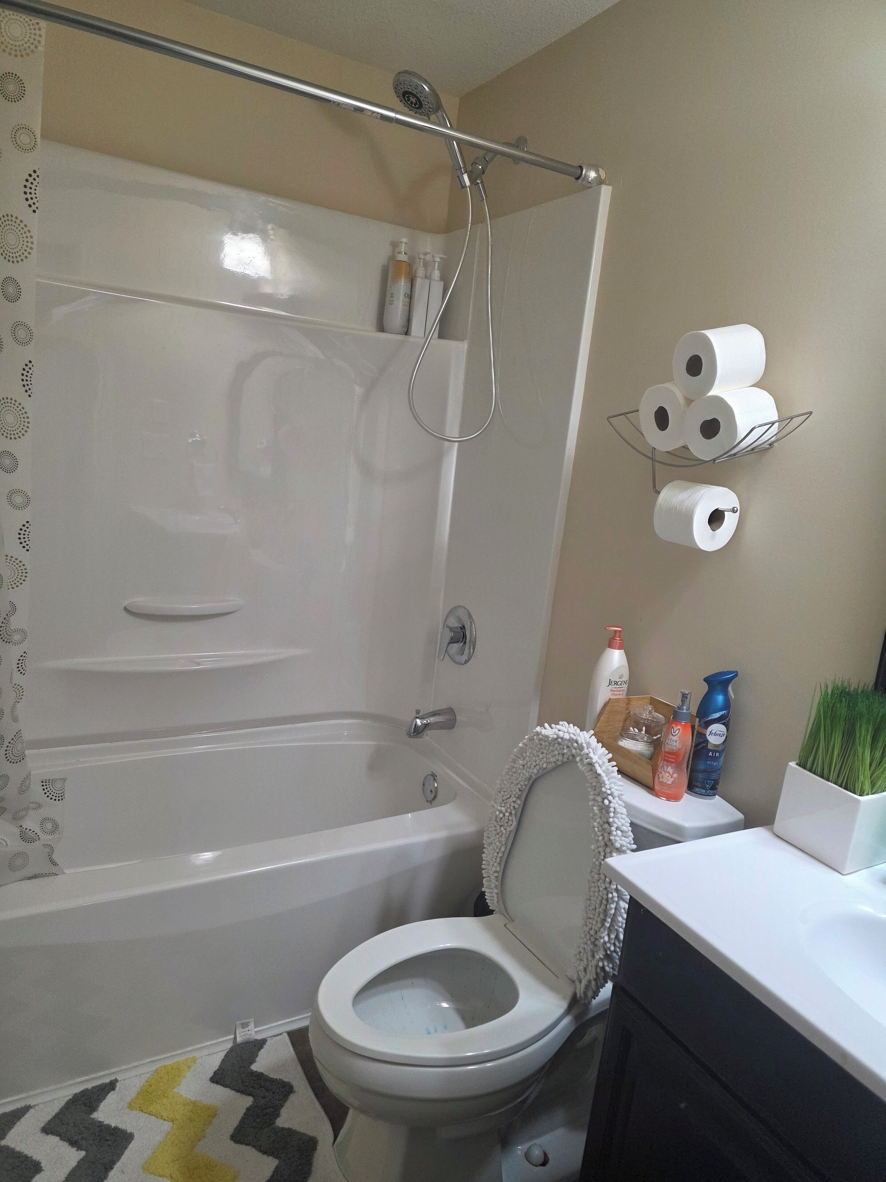 Serviettes fournies, shampoing, papier toilette