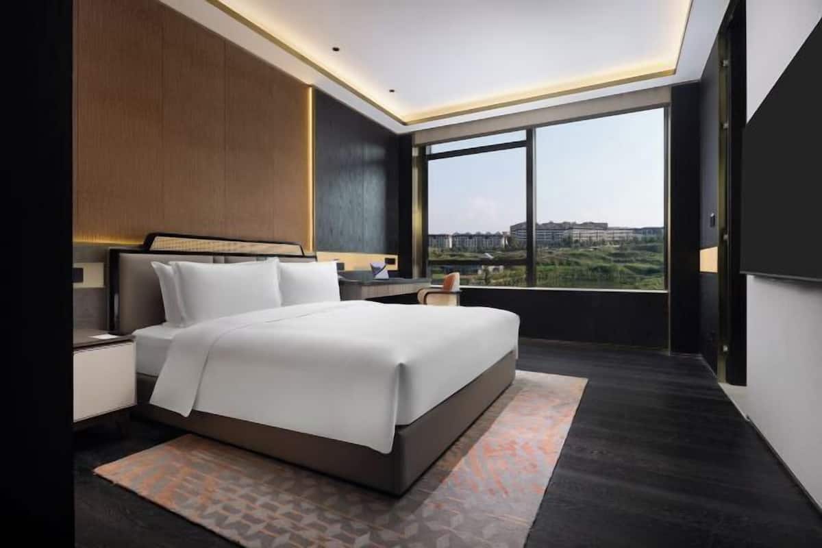 A modern hotel room with a large bed, a nightstand, a desk, and a view of the cityscape.
