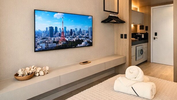 A hotel room with a cityscape TV, a wooden bowl, and towels on the bed. - AX Setai Yacht (João Pessoa)