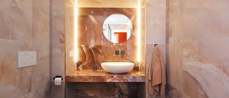 Shower, hair dryer, bidet, towels