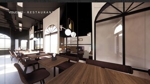 Un intérieur de restaurant moderne, avec des tables et des chaises en bois, de grandes fenêtres et des luminaires contemporains.