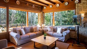 Una habitación acogedora con techo de madera, ventanas amplias, un sofá, una mesa de centro y un televisor.