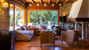 Télévision, cheminée, lecteur de DVD, table de tennis de table