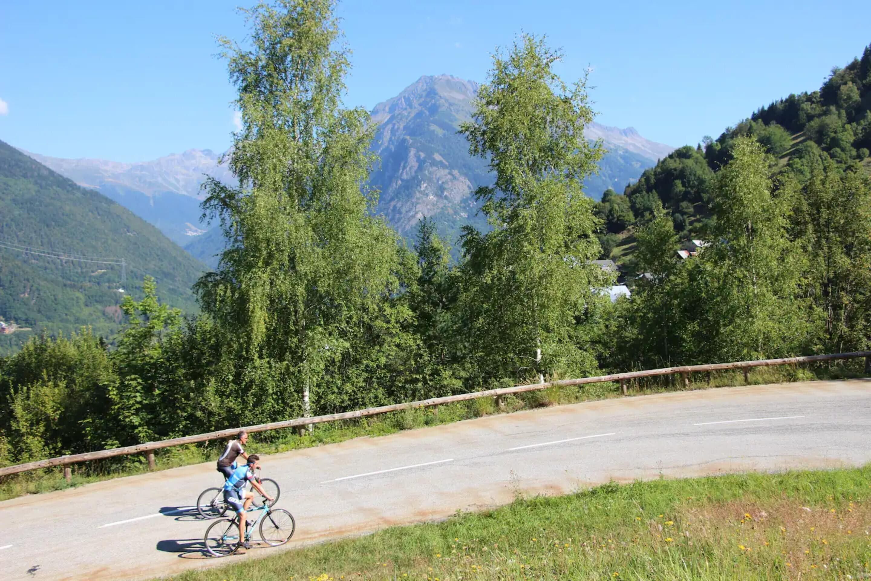 A road with cyclists, surrounded by greenery and mountains.