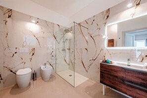 Shower, hair dryer, bidet, towels