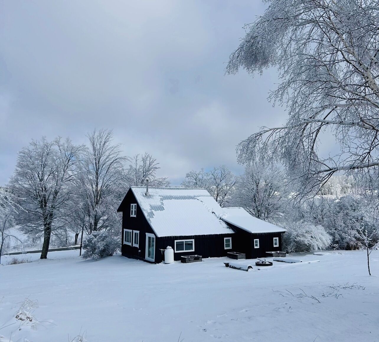 Een huis bedekt met sneeuw, met een donkere gevel, omringd door bomen en een besneeuwd landschap.