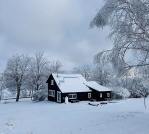 Una casa cubierta de nieve con fachada oscura, rodeada de árboles y un paisaje nevado.