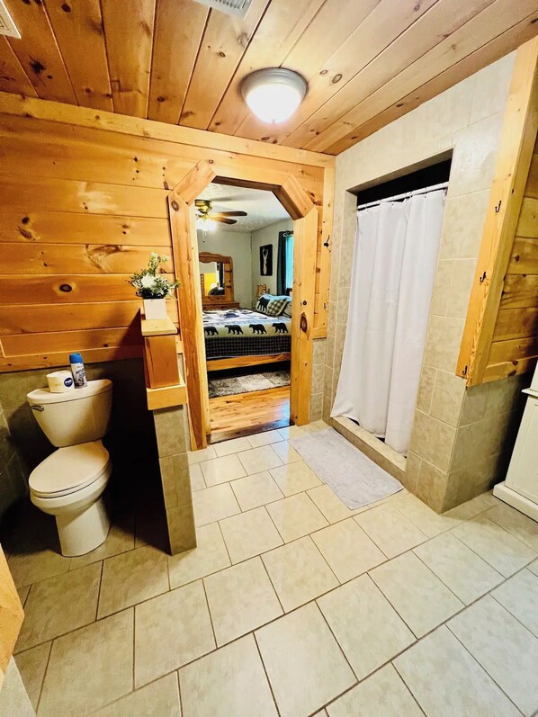 Shower, hair dryer, towels, toilet paper
