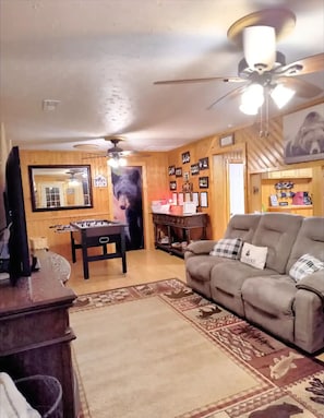 TV, fireplace, DVD player, table football