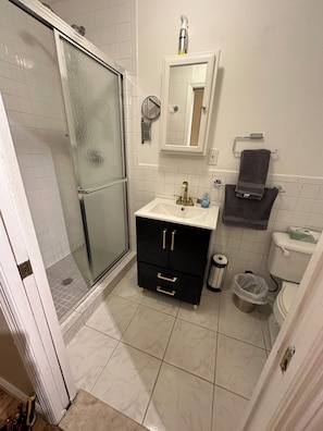 Hair dryer, towels, soap, toilet paper