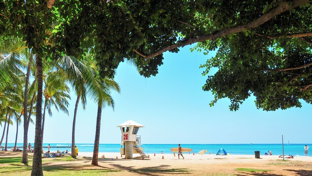 A beach with palm trees, a lifeguard tower, and people relaxing. - ❤️AWESOME STUDIOS❤️ 5min to 🏄‍♀️🏊‍♀️🏖🐠🐋🦈FREE 🚙🅿️ 250mbps+💻-FREE PARKING (Honolulu)