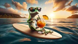 A frog sitting on a surfboard in the ocean with a drink. - ❤️AWESOME STUDIOS❤️ 5min to 🏄‍♀️🏊‍♀️🏖🐠🐋🦈FREE 🚙🅿️ 250mbps+💻-FREE PARKING (Honolulu)